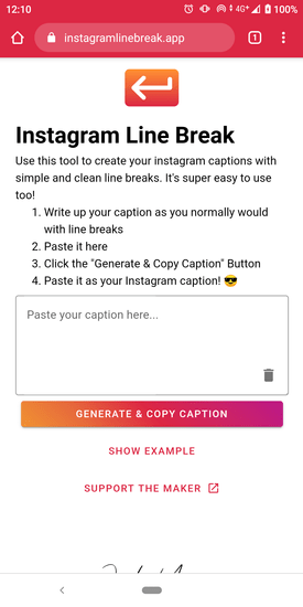 instagram line break 在手機的 Chrome 瀏覽器上的畫面